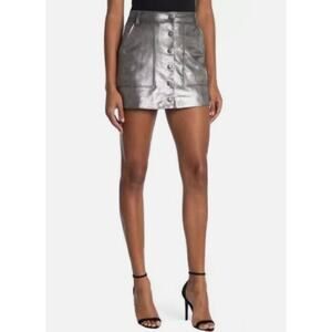 Frame Lambskin Leather Silver Metallic Mini Skirt Size 29 Button Up High-Rise